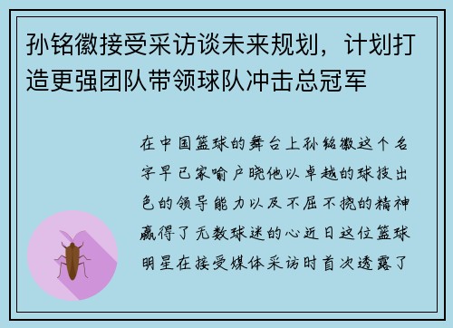 孙铭徽接受采访谈未来规划，计划打造更强团队带领球队冲击总冠军